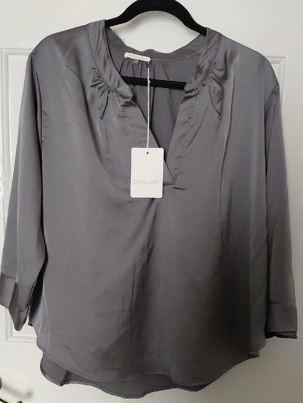 Olivia Grey Satin V-Neck Blouse BRAND NEW